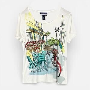 Y2K Cat Cafe Botanical Impressionist Scene Graphic T-Shirt Sz M